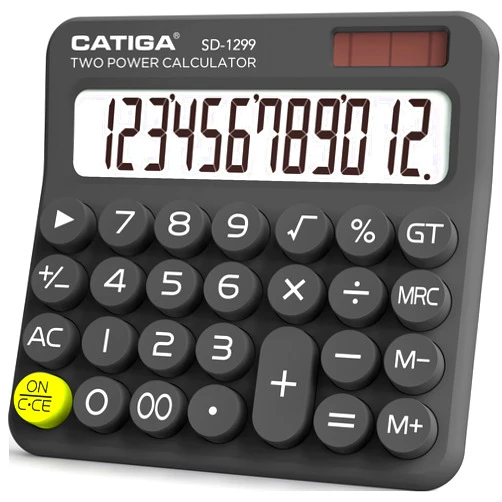CATIGA Mechanical Switch Calculator with Solar and Battery Dual Power, 12-Digit Large LCD Display, Aesthetic and Cute Desktop Calculator with Big Button, for Home, School and Office Use, SD-1299