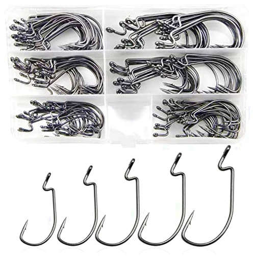 Shaddock Fishing Bass Fishing Worm Hooks Set, 120pcs 3X Offset Fishing Hooks Bass High Carbon Steel Worm Bait Hooks Jig Fish Hooks for Bass Trout Saltwater Freshwater Fishing Tackle Accessories
