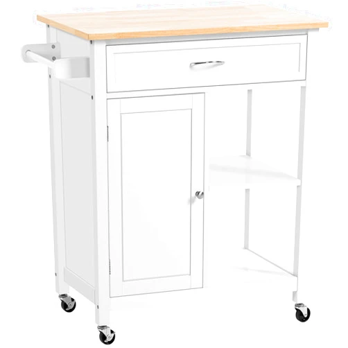HOMCOM Kitchen Island Cart, Rolling Kitchen Island with Storage Shelf, Solid Wood Top, Drawer, for Dining Room, White