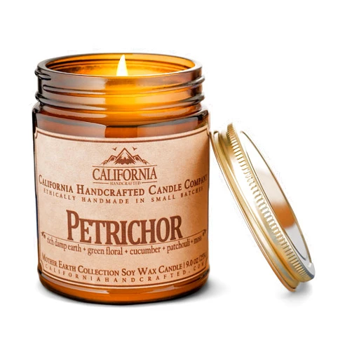 California Handcrafted Petrichor Scented Soy Wax Candle | Rich Damp Earth + Green Floral + Cucumber + Patchouli + Moss | 9 oz Jar