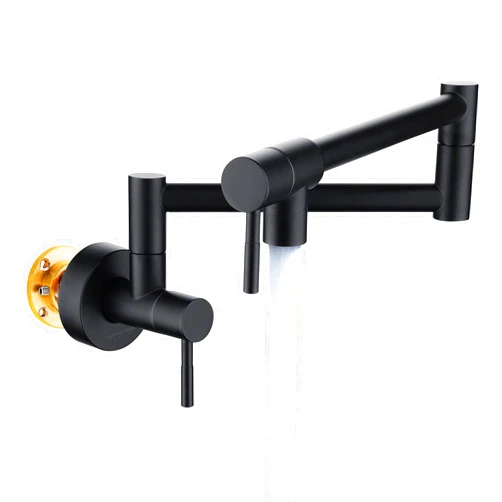 Fransiton Matte Black Pot Filler, Pot Filler Faucet Wall Mount, Brass Folding Stretchable with Double Joint Swing Arm Single Hole Two Handles Kitchen Restaurant