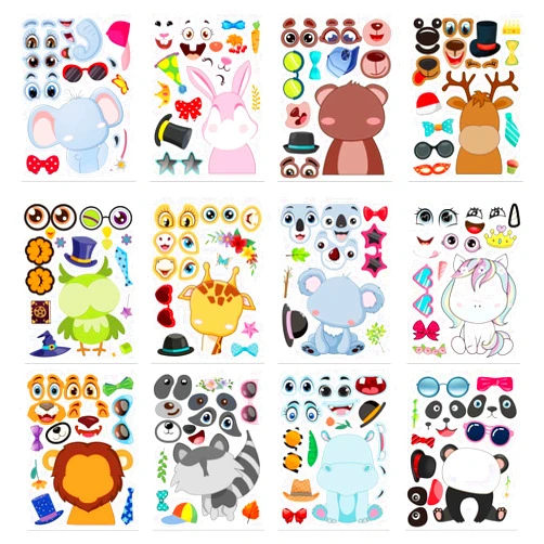 DUJAA 24 Sheets Make-a-Face Stickers, Make Your Own Animal Mix and Match Sticker Sheets, Animal Stickers for Kids, DIY Party Favor Stickers with 24 Animal Designs, Art Craft, Teacher Reward&Gift for Kids