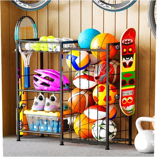 Yuyetuyo Sports Equipment Organizer, Ball Storage Rack with Elastic Straps and Removable Basket for Garage Organization, Garage Organizer with Hooks for Toy Sports Gear Storage, Sports Ball Storage Cart, Black