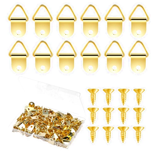 Mozeat Lens 100 Sets Small Triangle Ring Steel Picture Hangers with Screws Picture Frame Triangle Hook with Transparent Box Gold Picture Frames Picture Hang Single Hole Lifting Ring for Hanging Clock Photos