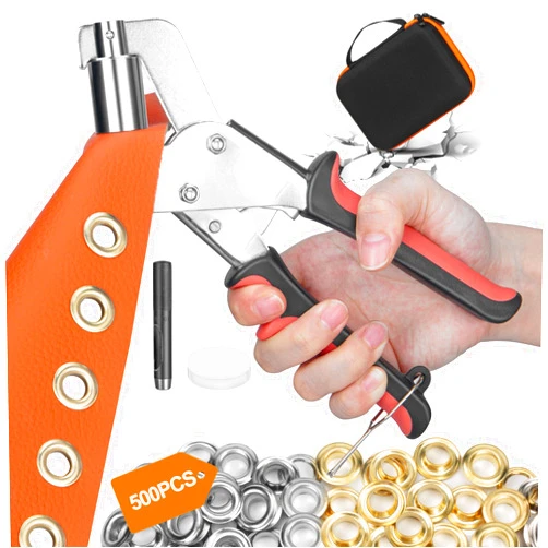 Bjabtan Heavy Duty Grommet Tool Kit, 3/8 Inch 10 mm (Inside Diameter) Handheld Eyelet Press Pliers with 500pcs Silver Grommets in Gold and Silver, Grommet Eyelet Pliers Kit with Hard Shell Case