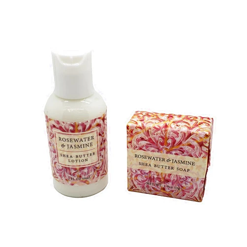 Greenwich Bay Trading Company Botanical Collection Bundle: Rosewater & Jasmine - 2oz Mini Wrapped Soap Block + 2oz Mini Shea Butter Lotion, 1 Count (Pack of 2)