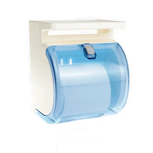 TIAN CHEN Toilet Paper Holder Wall Mount, Waterproof Cat Proof Full Covered Plastic Toilet Paper Dispenser with Shelf, Self Adhesive or Drilled Use (6.3in, Light Blue)