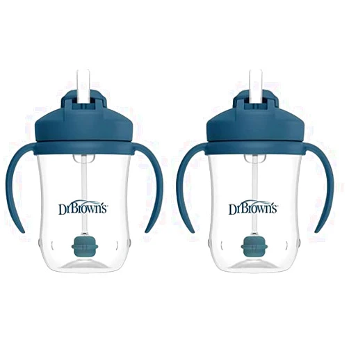 Dr. Brown's Milestones Baby’s First Straw Cup, Training Cup with Weighted Straw, Dark Blue, 6m+ (Pack of 2)