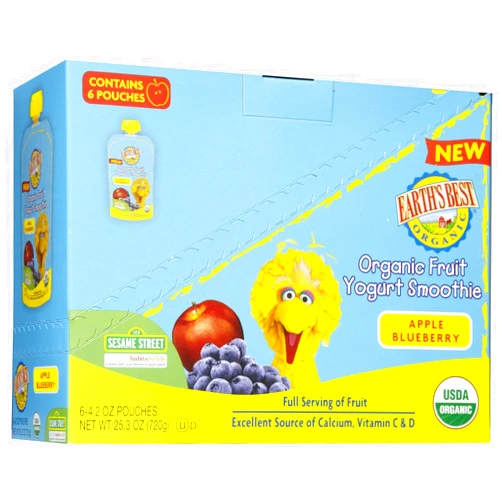 Earth's Best Organic Sesame Street Toddler Fruit Yogurt Smoothie, Apple Blueberry, 4.2 oz. Pouch (Pack of 6)