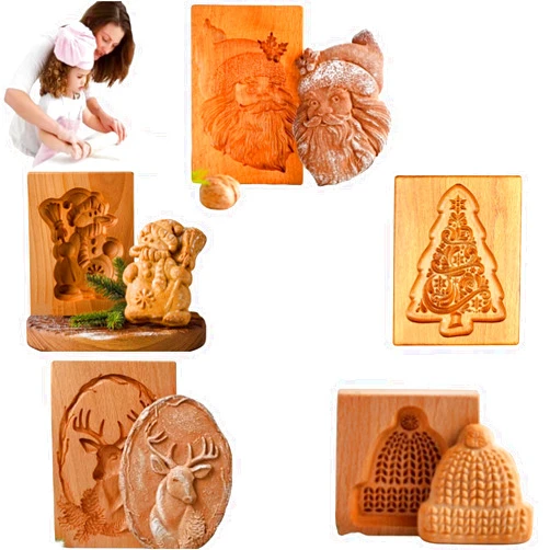 Oanruyan 5pcs Wooden Cookie Molds for Baking, Wood Springerle Cookie Cutter Carved for Christmas,Halloween,Easter,Cookie Presses Stamps for Kitchen DIY and Family Gatherings