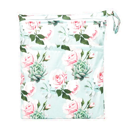 Sigzagor Wet Bag Baby Cloth Diaper Nappy Reusable Washable With Two Pockets Girls (Succulent Roses)
