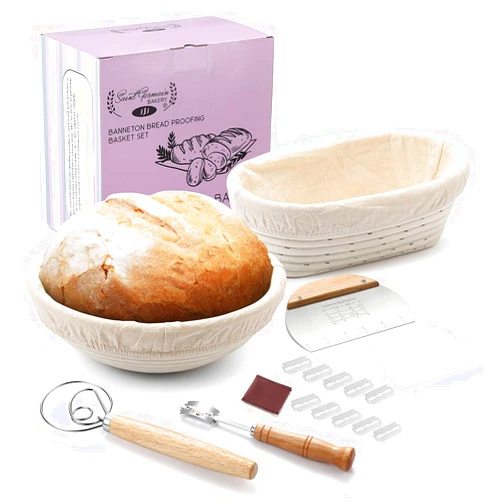 Saint Germain Bakery Premium Round Bread Banneton Basket with Liner - Perfect Brotform Proofing Basket for Making Beautiful Bread (10 in. Round / 10 in. Oval))