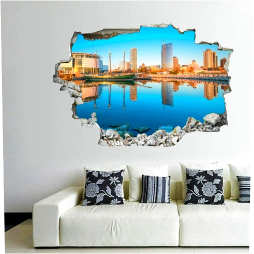 HIGOSS 3D Self-adesive Removable Break Through The Wall Vinyl Wall Stickers/Murals Art Decals Stickers Skyline 24 x 16 Inch Wall Decor for Kids, Made in USA