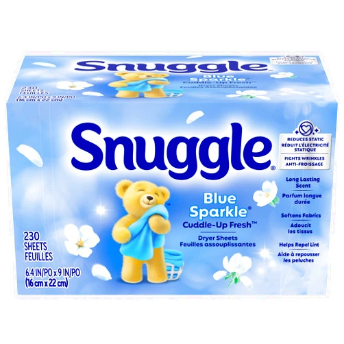 Snuggle Fabric Softener Dryer Sheets, Blue Sparkle Cuddle-Up Fresh, 230 Ct, Long-Lasting Fresh & Clean Scent, Softens Fabric, Reduces Static, Fights Wrinkles, Helps Repel Lint & Pet Hair, HE Safe