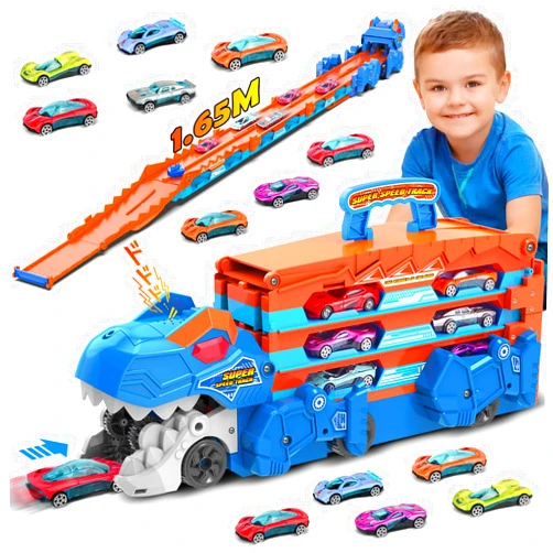 VATOS Dinosaur Transport Truck Car Toy - 2 in 1 Ejection Folding Track Toys with Sound, Portable Truck Car Toy with 8 Race Cars, Best Gift Carrier Vehicles Toys Set for Kids for Boys 3-5 Years Old