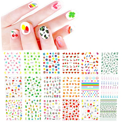 IHUKEIT 18 Sheets Nail Stickers for Women and Little Girls Nail Art Decoration - Self-Adhesive DIY Nail Decals Set Including Hearts Fruits Flowers Leaves Animals Rainbow Nail Art Stickers for Woman Kids