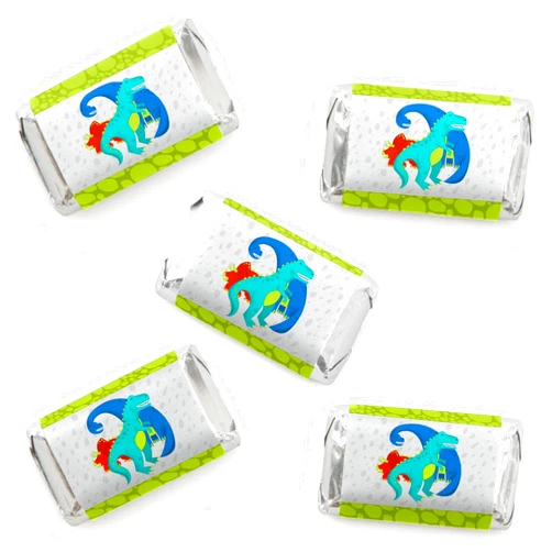 Big Dot of Happiness Roar Dinosaur - Mini Candy Bar Wrapper Stickers - Dino Mite T-Rex Baby Shower or Birthday Party Small Favors - 40 Count