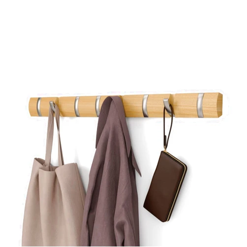 Umbra Flip Wall-Mounted Coat Rack with 8 Hooks – Modern, Space-Saving Storage for Hats, Jackets, Bags, Entryway, Mudroom, Closet, Bathroom, Bedroom – Natural/Nickel