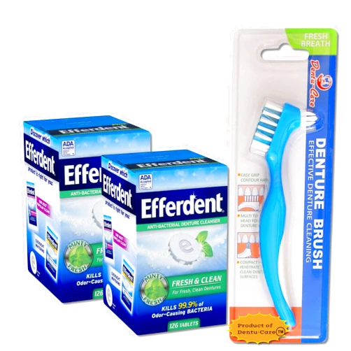 efferdent Mint Fresh and Clean Denture Cleanser, 252 Tablets Bundle with Bundle with Dentu-Care Denture Brush Specifically Designed to Gently Clean Hard to Reach Areas for Full Partial Dentures