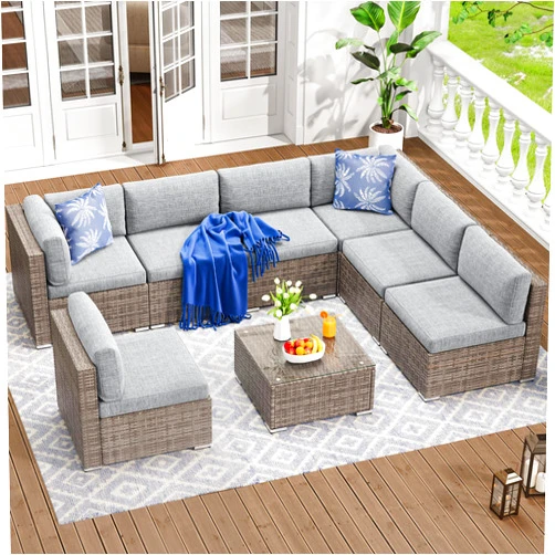 YITAHOME 8 Pieces Outdoor Patio Furniture Set, Sectional Sofa PE Rattan Wicker Conversation Set Outside Couch w/Table and Cushions for Porch Lawn Garden Backyard,Gray