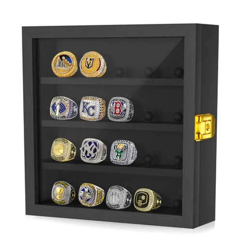 Gxiietem Championship Ring Display Case, 20 Ring Posts Sports Ring Display Case, Baseball Basketball Football Soccer Ring Display Case, Wooden Shadow Holder Box for Storage All Sports Award Championship Rings