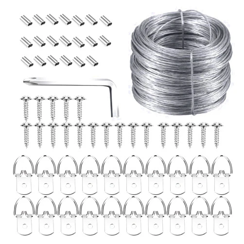 Listenman Picture Hanging Kit, Listenman D Ring Picture Hangers with Screws, Picture Hanging Wire(100 Feet) and Aluminum Sleeves, Supports up to 30 lb, included Screwdriver