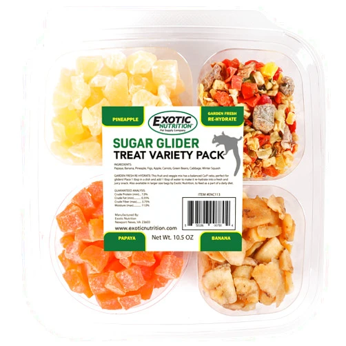 Exotic Nutrition Sugar Glider Treat Variety Pack (9.5 oz.) - Healthy Natural Sugar Glider Treat Assortment - Yogu Drops, Mango, Garden Fresh Re-Hydrate, and Banana - Sampler Variety Value Package