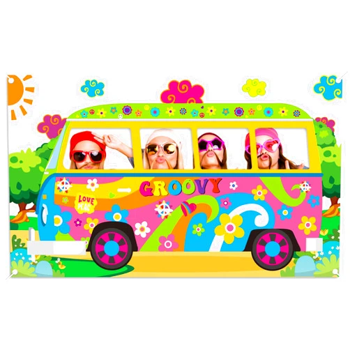 Kuscul Hippie Bus Photo Prop, Groovy Party Selfie Frame Banner, Boho Rainbow Daisy Van Pattern Background Banner for Retro 60s 70s Party Decor, 63 * 47 Inches