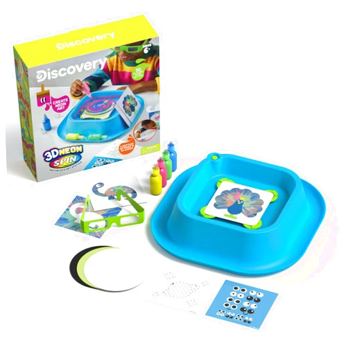 Discovery Kids Discovery™ 3D Neon Spin Motorized Art Station – Includes Spin Art Machine, 3D Glasses, Neon Paints, Templates, Paper| Arts and Crafts for Kids| Art Supplies Painting Set Activity Kit for Boys & Girls