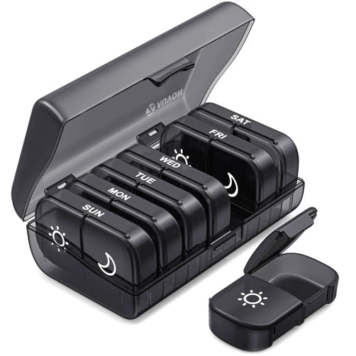 AUVON XL Weekly Pill Organizer 2 Times a Day, Pill Box 7 Day with One-Side Large Opening Design for Easy Filling, Black Privacy Protection AM PM Pill Case for Medication/Vitamins/Fish Oils/Supplements