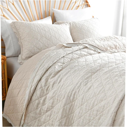 HORIMOTE HOME 100% Linen Front/100% Cotton Back Quilt Set Queen Size, Pre-Washed Flaxen Bedspread Coverlet Set, Heavyweight Diamond Stitch Cotton Linen Bedding Set 3-Piece for All Seasons
