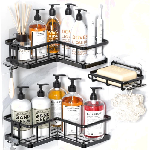 YASONIC Shower Caddy Corner, 3-Pack Adhesive Rustproof Stainless Steel Shower Shelves with Soap Holder, No Drilling Shower Organizer Corner for Dorm, Renters Bathroom, Black