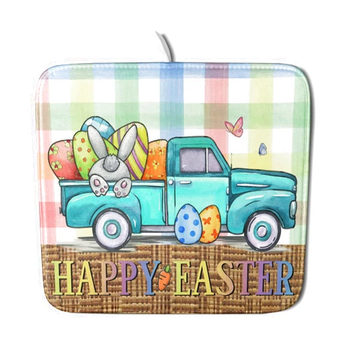 Kawani Happy Easter Dish Drying Mats for Kitchen Counter, 16x18 In Holiday Spring Bunny Rabbits Eggs Buffalo Plaid Absorbent Microfiber Dish Drying Pad Dishes Rack Mat Heat Resistant Counter Portector