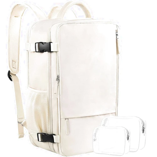 Sinaliy Travel Backpack for Women, Expandable 40L Carry on Flight Approved Backpack, 17 Inch Laptop Waterproof Travel Bag for College, Travel, Work, Beige