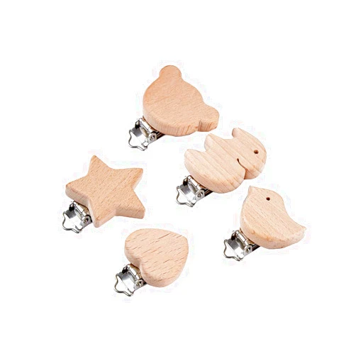 CcHuDE 5 Pcs Natural Wood Pacifier Clips Holder Baby Suspender Clips Unfinished Wooden Teething Beads Clips Charm DIY Crafts