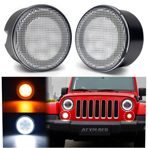 Aexploer LED Turn Signal Lights Compatible with Wrangler JK JKU 2007-2018, White Halo as Daytime Running Lights,Yellow Honycomb LED as Turn Signal 2PCS (Clear Lens)