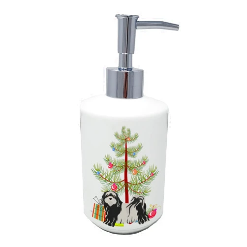 Caroline's Treasures CK3489SOAP Tibetan Terrier Christmas Tree Ceramic Soap Dispenser Hand Soap Dispenser Pump Bottles for Bathroom Kitchen, Empty Refillable Liquid Soap Container