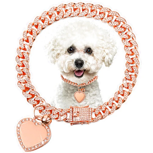 Hillban Dog Chain Rose Gold-Plated Diamond Collar with Heart Rhinestones Jewelry Accessories Pet ID Tag Chain Heart Bling Collar with Personalized Name Tag for Small Medium Large Dogs Cats(12 Inch)