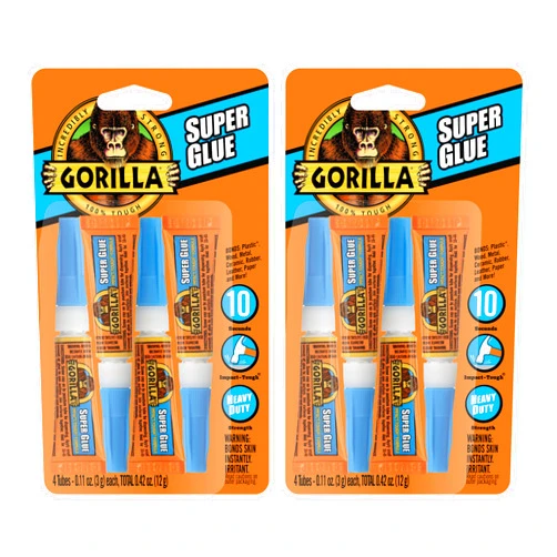Gorilla Super Glue, Clear Glue, Four 3 Gram Tubes (Pack of 2) - All Purpose and Fast Setting for Projects and Repairs