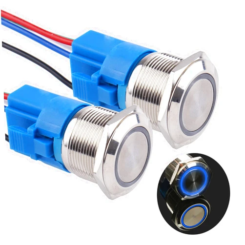 JIQI 2Pcs 22mm 0.87'' Latching Push Button Switch 12V-24V Waterproof LED On Off Metal Self-Locking Switch 1 NO 1 NC for 7/8'' Mounting Hole 0.87'' with Wire Socket Plug(Blue)
