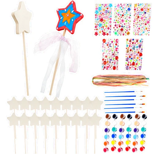 Plukeen 57 Pcs Make Your Own Wooden Princess Wand DIY Fairy Wands Kit Include 20 Pcs 3D Wooden Star Wands 5 Gem Stickers 20 Ribbons 12 Painting Props for Painting Crafts Birthday Party Supplies