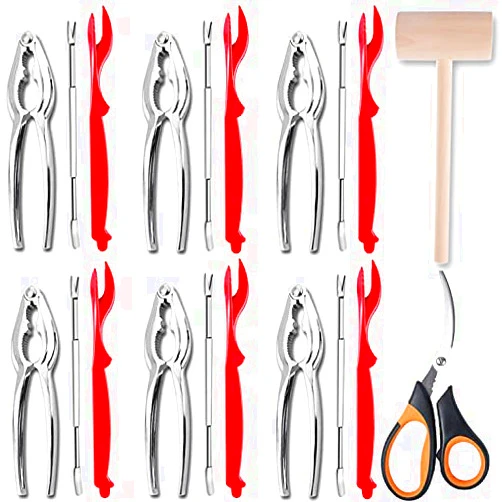 Artcome 21 Pcs Seafood Tools Set Nut Cracker Set includes 6 Crab Crackers, 6 Forks, 6 Lobster Shellers, 1 Lobster Crab Mallets, 1 Seafood Scissors and Storage Bag