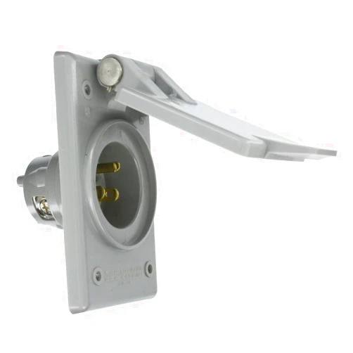 Leviton 5278-CWP Straight Blade Flanged Male Power Inlet Receptacle, 15 A, 125 V, Nylon Face, Body And Strap , gray