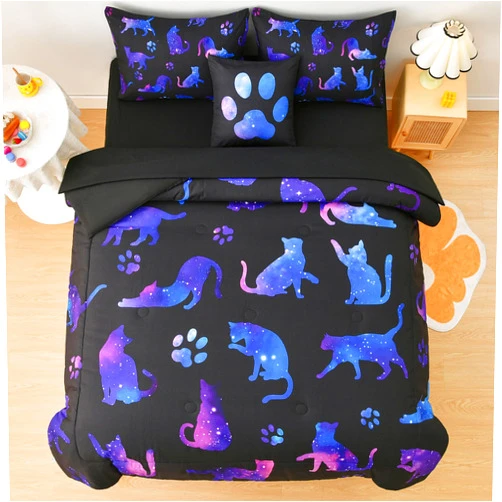 DORCAS 6 Pcs Cat Full Comforter Set with Sheets,Girls Full Size Bedding Set Cute Cat Bed in A Bag for Kids Teen
