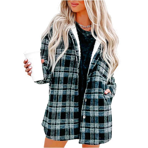 Merryfun Womens Plaid Shacket Jacket Sherpa Lined Flannel Jackets Oversized Button Up Fleece Hooded Warm Coat