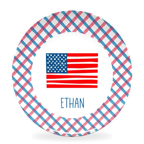 Tiny Expressions - Personalized Holiday Plates for Kids with Customized Name | BPA Free | Dishwasher Safe | Made in the USA (American Flag Plate)