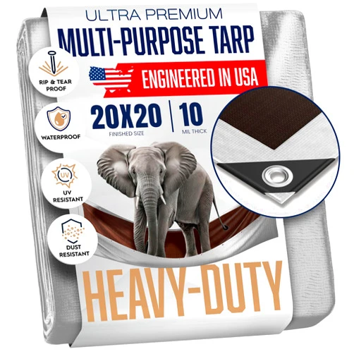 KING-A-MA-JIGS 12x20 Heavy Duty Tarp, 10 Mil Thick, Waterproof, Tear & Fade Resistant, High Durability, UV Treated, Grommets Every 18 Inches. (Silver/Brown - Reversible) (12 x 20 Feet)