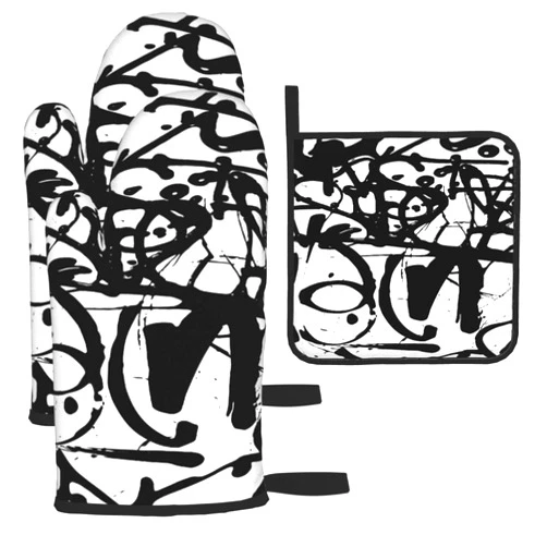 NAjinzhanwen1 Graffiti Abstract Tags Letters Street Retro School Oven Mitts and Pot Holders Set, Kitchen Oven Glove High Heat Resistant Oven Mitts Food Grade Kitchen Mitten Cooking Gloves for Kitchen Cooking