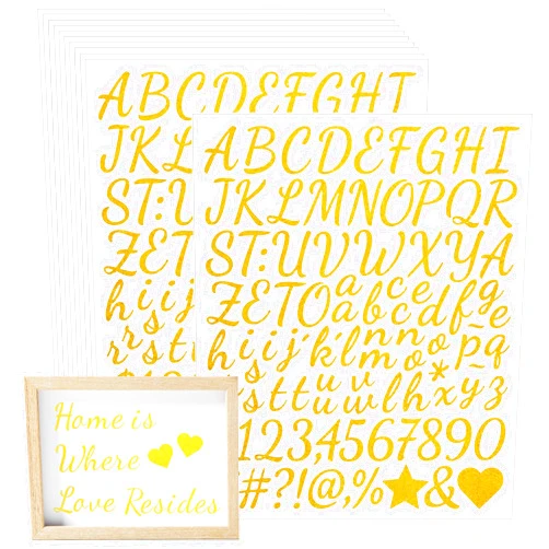 LETTERYONGJU 1 Inch Self Adhesive Glitter Letter Stickers,960 Pieces 10 Sheets Vinyl Alphabet Number Stickers,Cursive Letter Stickers for Scrapbooking,Classroom Decor, Grad Cap Decoration (Gold)