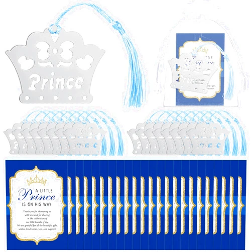 Kolldenn 50 Sets Baby Shower Favors for Guests Included Crown Metal Bookmarks with Tassel Thank You Cards Organza Bags Baby Shower Return Gifts for Gender Reveal Party(Blue,Prince)